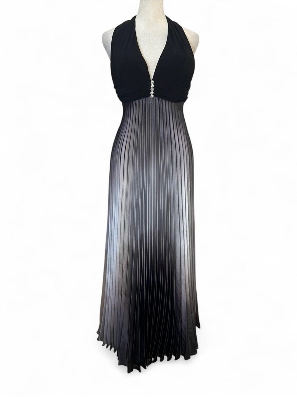 Betsy & Adam Black Halter Pleated Maxi with Rhinestone Front